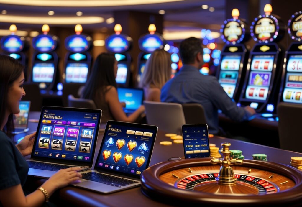 People using laptops and smartphones to play online casino games in a modern gaming lounge with casino-themed decorations.